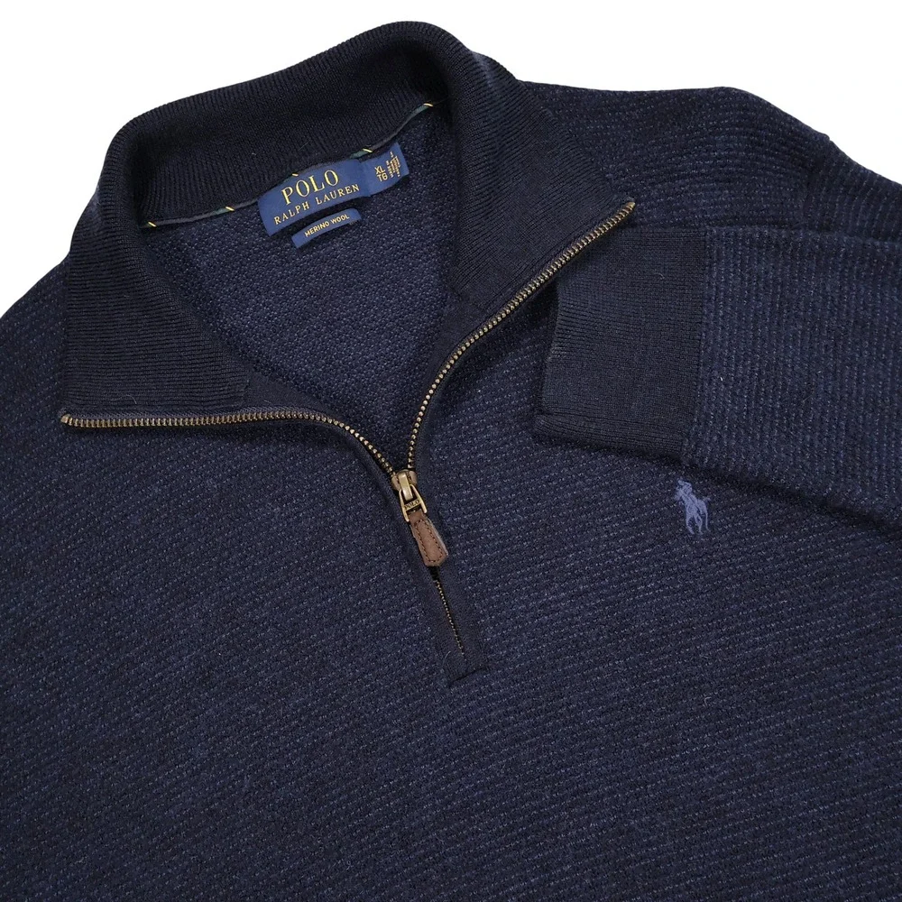 POLO RALPH LAUREN Men's XL Navy Blue Merino Wool Quarter Zip Pullover Sweater